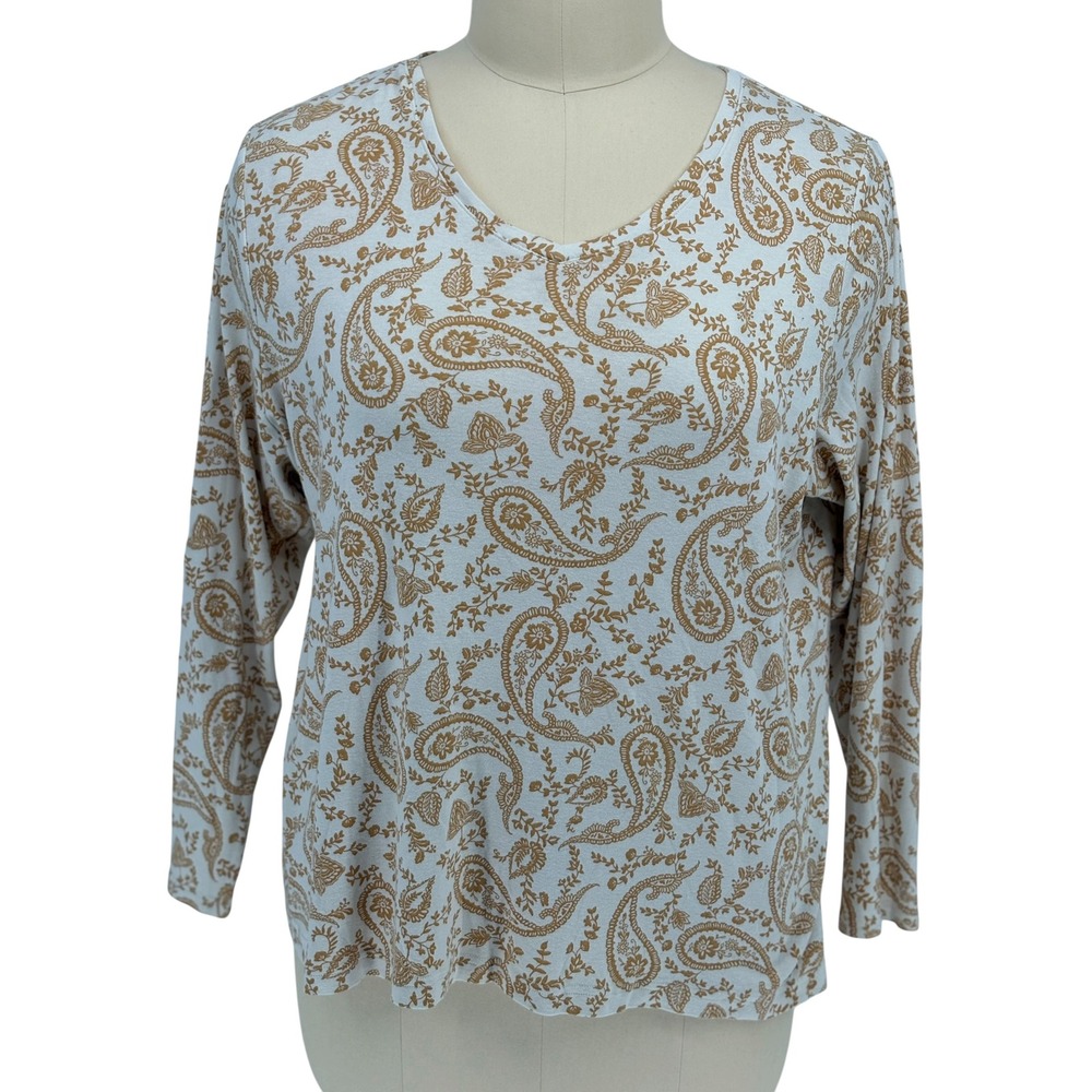 Croft & Barrow Classic Tee Tan Paisley V-Neck 100% Cotton 2X
